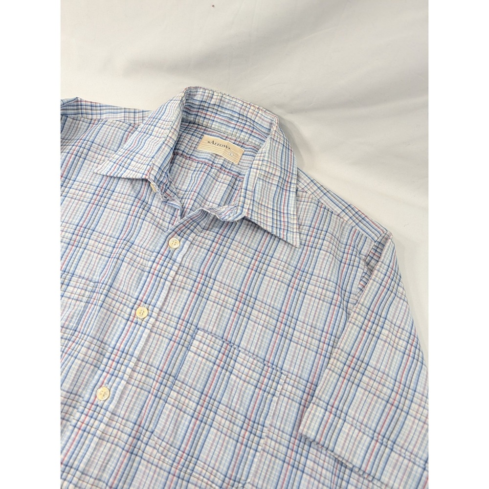 Vintage 1980's‎ Arrow Plaid Shirt Blue Large Button Down Short Sleeve Rockabilly